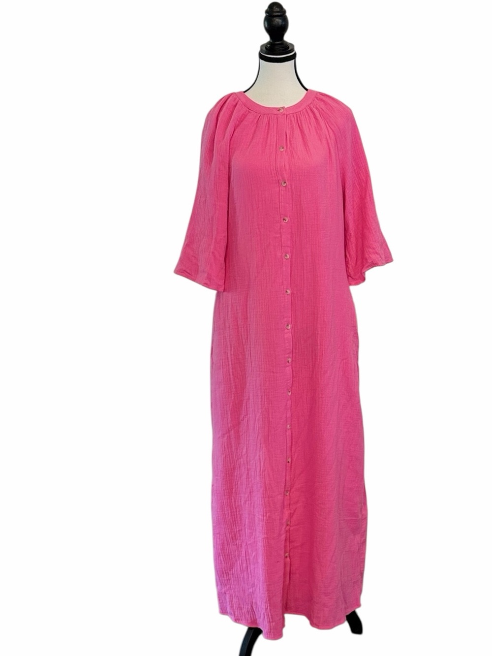 BLANK Gauze Flare Sleeve Maxi Dress Small Hot Pink Button Front NWT